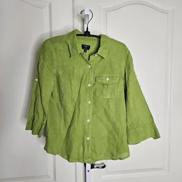 Talbots Petite Green Linen Button-Up Shirt - Picture 1 of 7